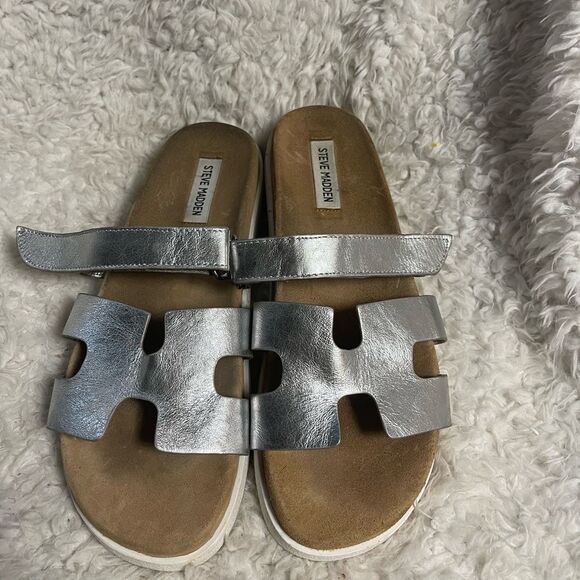 Steve Madden Mayen leather silver Adjustable Slide Sandals SZ10M - Picture 2 of 6